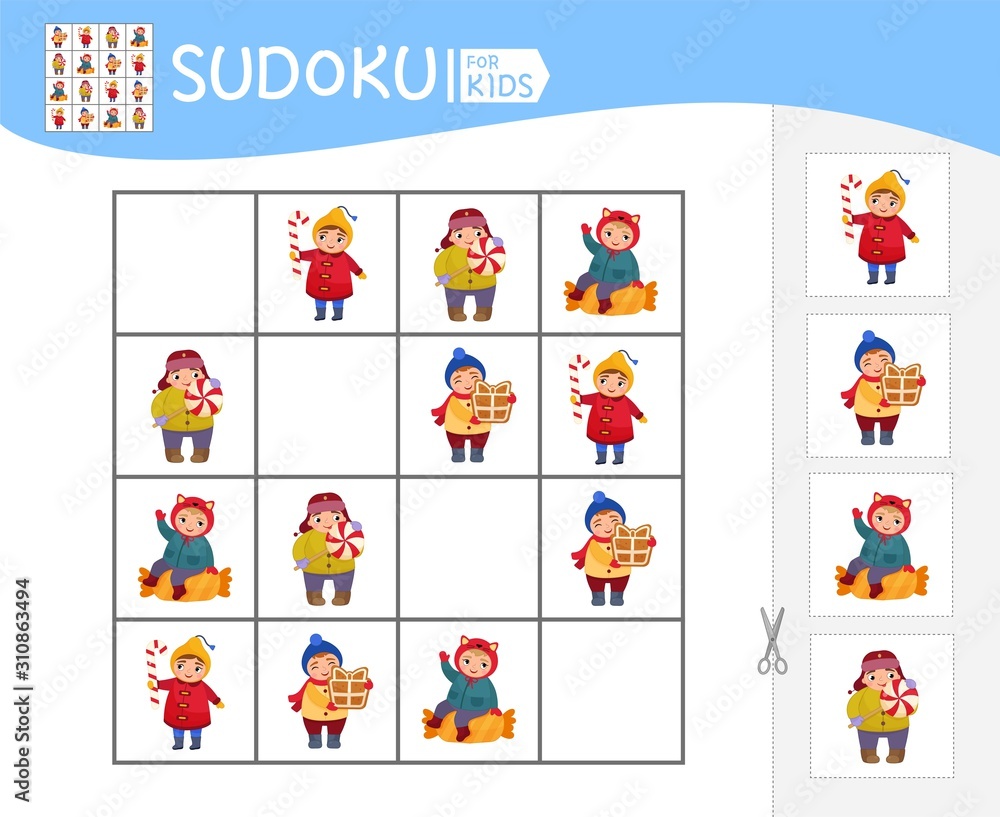 Sudoku game for children with pictures. Kids activity sheet. Cartoon cute child with sweets. Sudoku game for children with pictures. Kids activity sheet. Cartoon cute child with sweets.