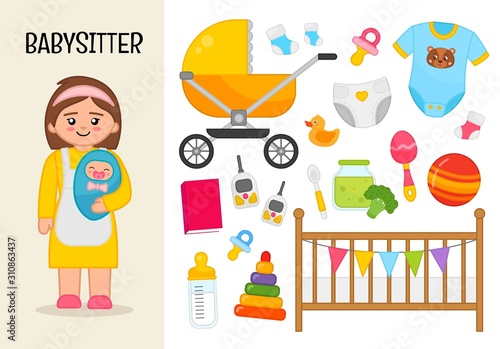 Vector character veterinarian. Illustrations of babysitter  equipment. Set of cartoon professions.