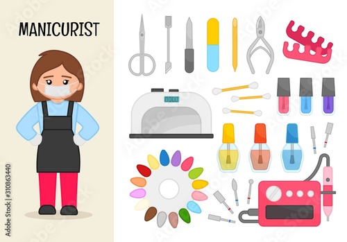 Vector character veterinarian. Illustrations of manicurist  equipment. Set of cartoon professions.