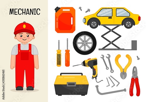 Car workshop equipment vector set.