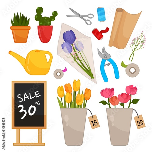 Vector set of florist equipment. Flower shop concept.