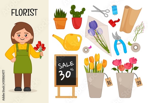 Vector character veterinarian. Illustrations of florist  equipment. Set of cartoon professions.