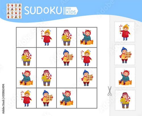 Sudoku game for children with pictures. Kids activity sheet. Cartoon cute child with sweets.