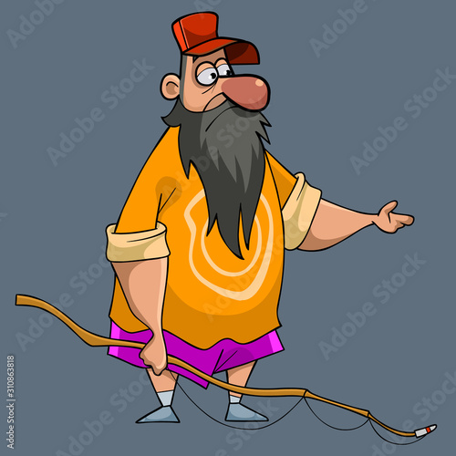 cartoon male fisherman with fishing rod in hand sadly points to the side