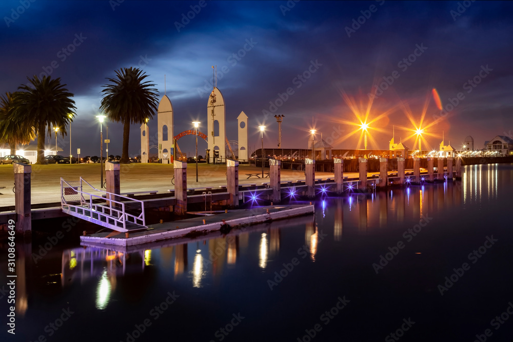 Geelong Waterfront jetty with famous Cunningham Pier background, in a dusk setting