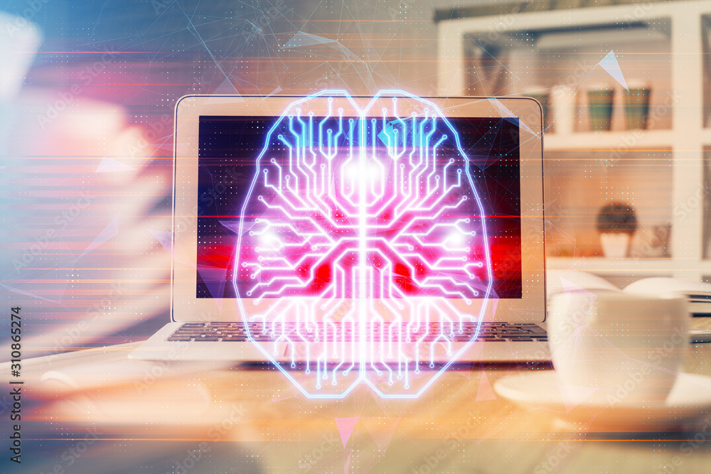 Obraz premium Double exposure of table with computer and brain hologram. Data innovation concept.
