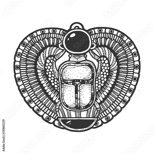 Ancient Egyptians scarab beetle sketch engraving vector illustration. T-shirt apparel print design. Scratch board imitation. Black and white hand drawn image.