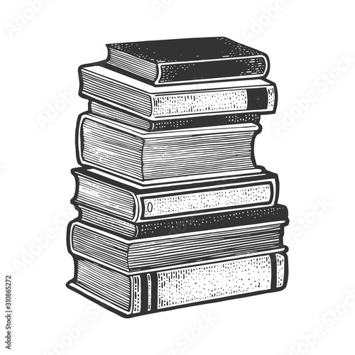 Stack of books sketch engraving vector illustration. T-shirt apparel print design. Scratch board imitation. Black and white hand drawn image.
