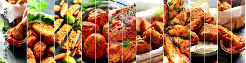 Collage of diverse food. Various tasty and healthy food. Meat chicken food.