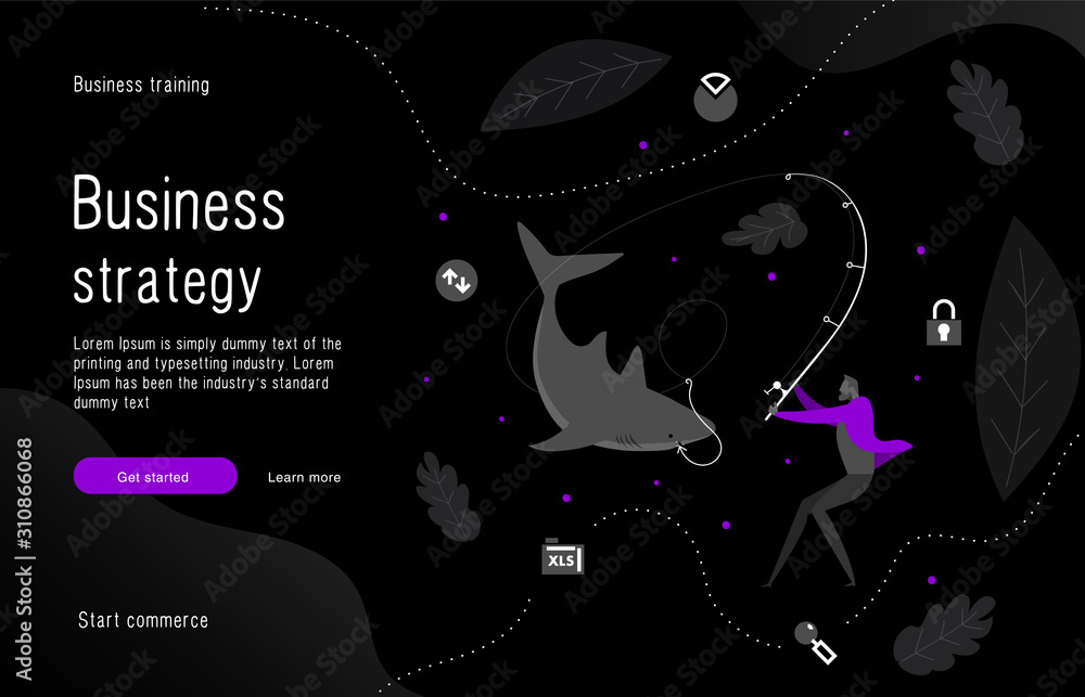 Business metaphor. Man catches a shark Compare with your trade model. Commerce enterprise. Leader skills taking to a new level your company. Vector Isolated Business metaphor. Man catches a shark Compare with your trade model. Commerce enterprise. Leader skills taking to a new level your company. Vector Isolated