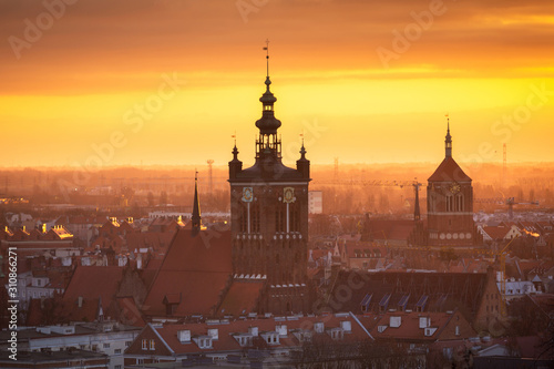 Amazing sunrise over the Gdansk city in Poland