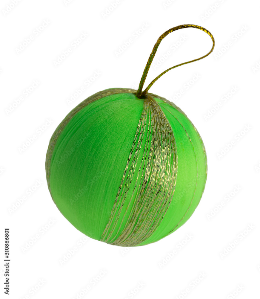 Green christmas ball isolated on white background. Selective focus.