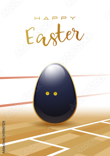 Happy Easter. Sports greeting card. Realistic Squash ball in the shape of Easter egg. Vector illustration.