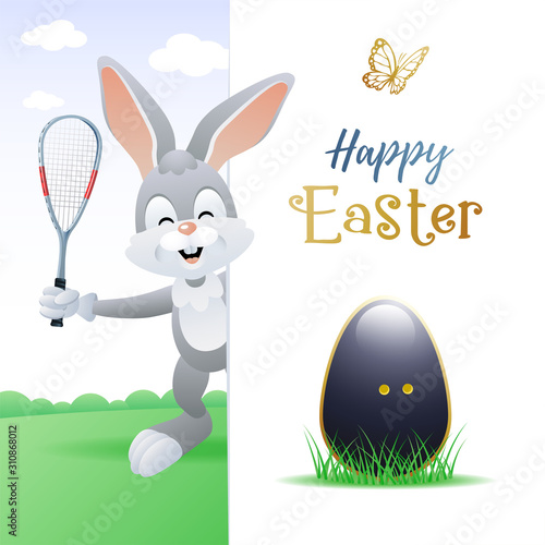 Easter sports greeting card. Cute Rabbit with Squash Egg and Squash racquet. Vector illustration.