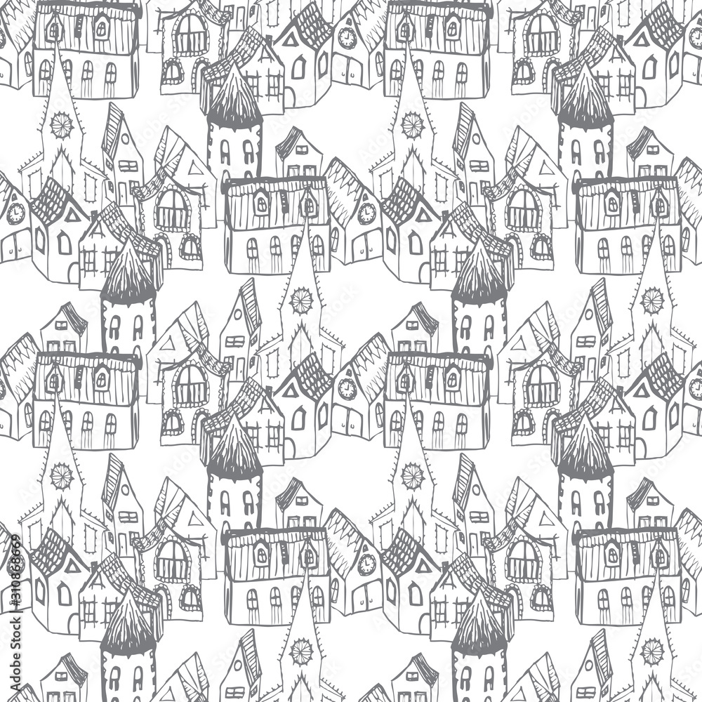 Fototapeta premium Seamless pattern of various drawn buildings on street old town