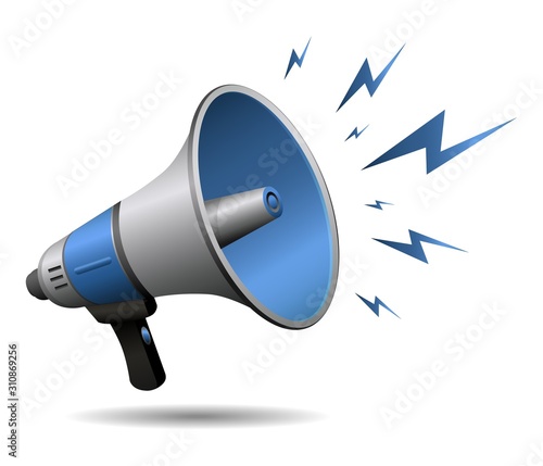 Megaphone or Loudspeaker noisy blue realistic with lightning icon isolated on white background. Symbol of news, social media, promotion, broadcasting, marketing and etc.