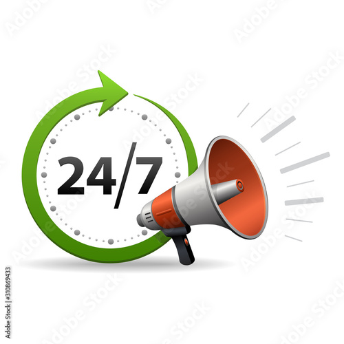 Loudspeaker or megaphone and around the clock, 24 hours a day and 7 days a week icon or symbol isolated on white background. Vector illustration