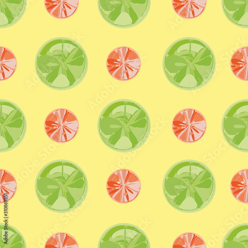 Abstract slices of green and red citrus fruit with painterly texture. Seamless geometric vector pattern on yellow background. Great for wellness,health products, summer, packaging, fabric, stationery