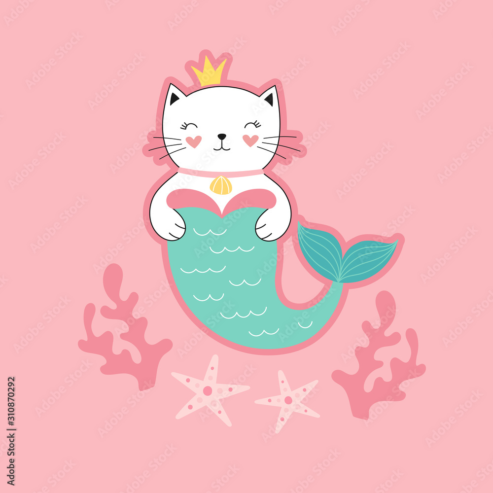 Cute princess kitty mermaid, a fantastic underwater world. Girlish print for t-shirts, postcards. Vector illustration for children.