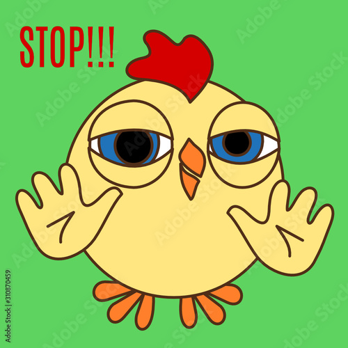 Emoticon with a friendly chicken who stands and shows with his hands a stop sign, color simple vector emoji