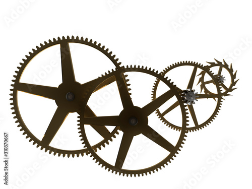Photography Watchmaking main gear train with brass central wheel, 3d wheel, 4th wheel, escap