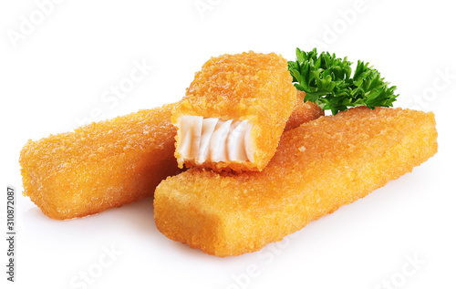 Photography Fish fingers sticks with parsley isolated on white background.