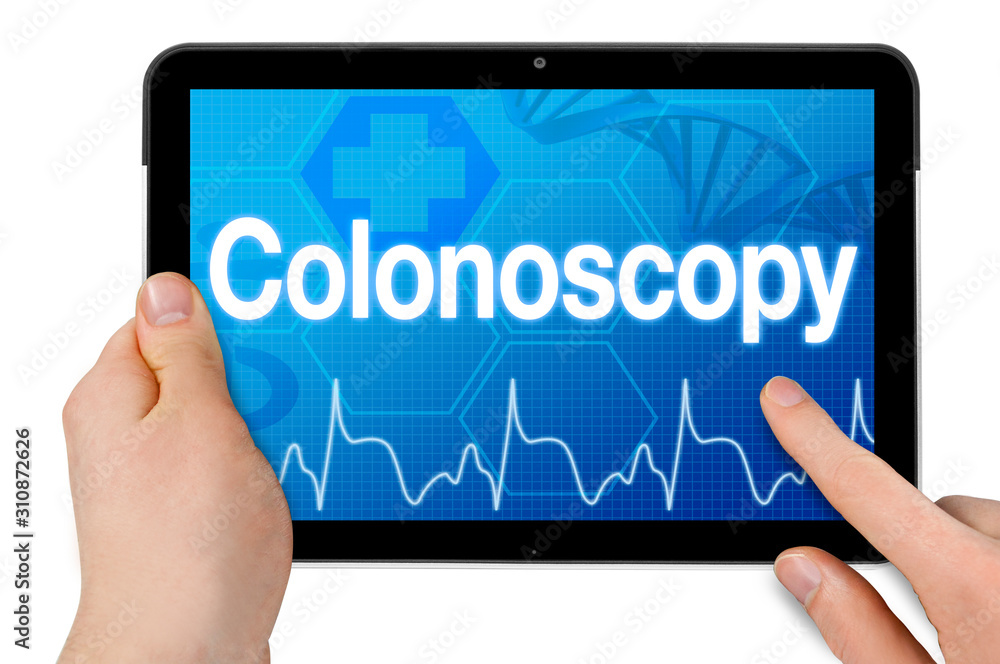 Tablet with medical touchscreen and term colonoscopy isolated Tablet with medical touchscreen and term colonoscopy isolated