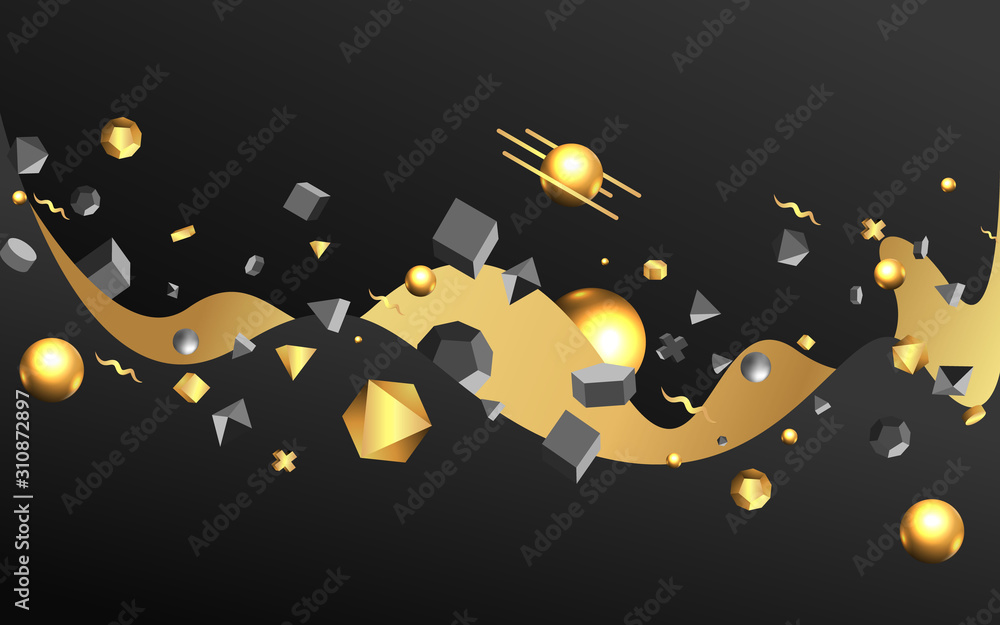 3D black primitives with golden metallic figures , realistic vector illustration.