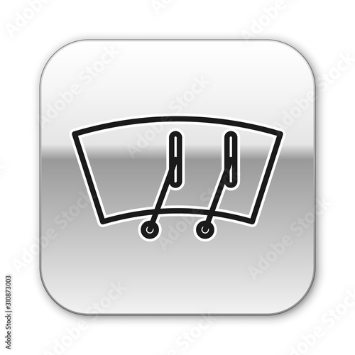 Black line Windscreen wiper icon isolated on white background. Silver square button. Vector Illustration