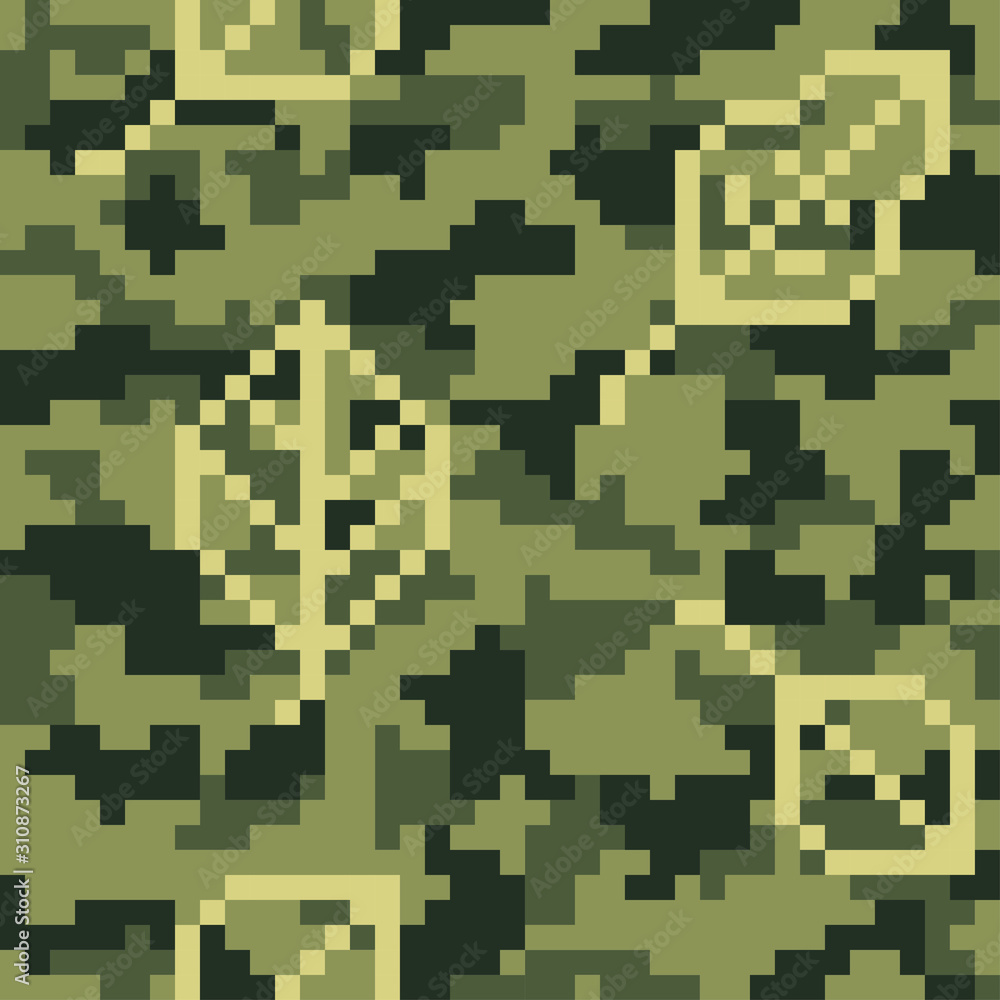 Military camouflage. Seamless pixel pattern with leaves.Woodland digital style.Vector illustration. Old games. 8 bit. Military camouflage. Seamless pixel pattern with leaves.Woodland digital style.Vector illustration. Old games. 8 bit.