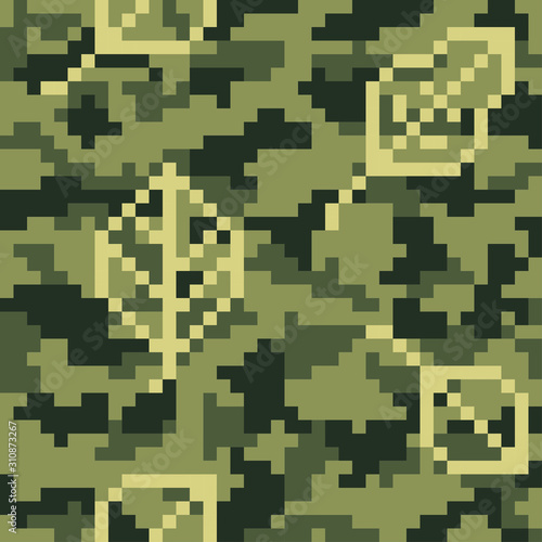 Military camouflage. Seamless pixel pattern with leaves.Woodland digital style.Vector illustration. Old games. 8 bit.