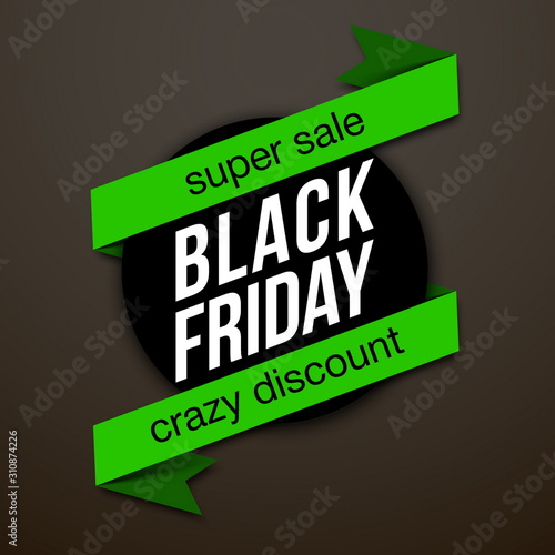 Sticker for mega-sale "Black Friday". Black Friday discount poster. Annual Christmas sales season. Big discounts in retail and online stores (up to 50%). Friday, November 29, 2019