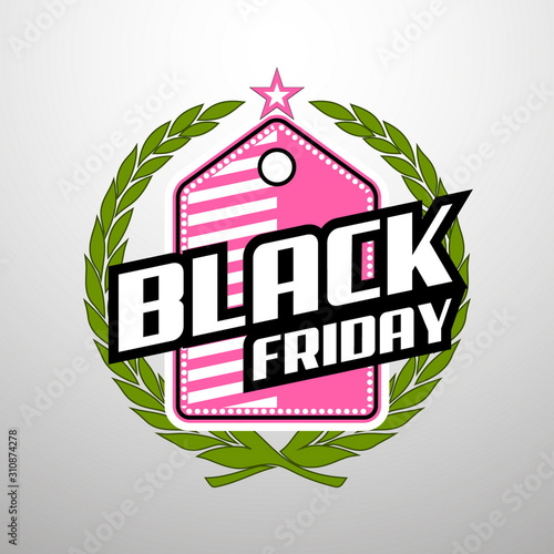 Sticker for mega-sale "Black Friday". Black Friday discount poster. Annual Christmas sales season. Big discounts in retail and online stores (up to 50%). Friday, November 29, 2019