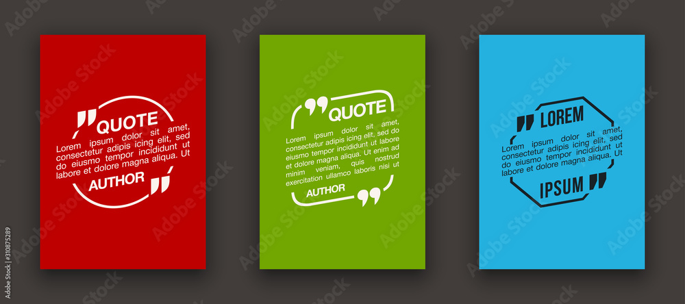 Quote speech bubble blank templates set. Text in brackets on flat paper, citation frames, quote bubbles. Textbox isolated on color background. Modern typography flat design cloud. Vector illustration.