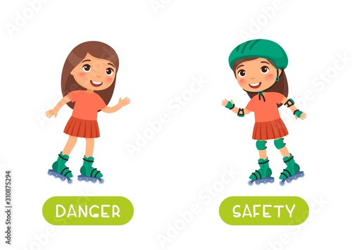 Flashcard with antonyms for kids vector template. Word card for foreign language studying. Antonyms concept, safety and danger. Cute little girl roller skating flat illustration with typography