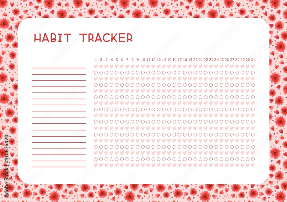 Habit tracker for month flat vector template. Planner page with red flowers and hearts layout. Assignments blank timetable design. Habit tracker for month flat vector template. Planner page with red flowers and hearts layout. Assignments blank timetable design.