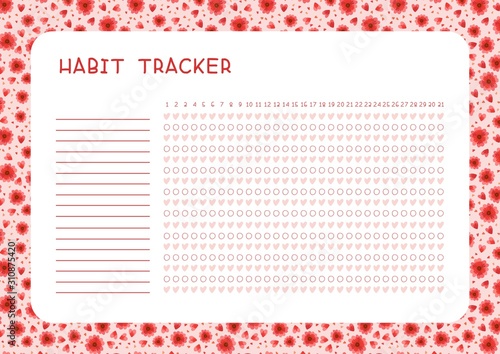 Habit tracker for month flat vector template. Planner page with red flowers and hearts layout. Assignments blank timetable design.