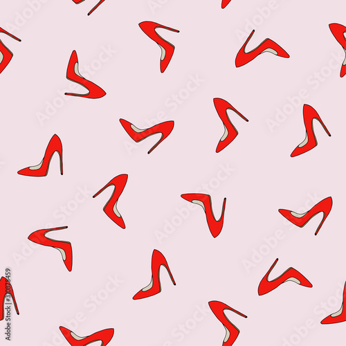 Seamless pattern with fashion female shoes on pink background. Perfect for textile fabric print  wrapping  wallpapers  etc. Hand drawn.