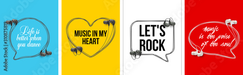 Innovative music quotation template speech bubble set in headphones quotes isolated on backdrop. Creative banner illustration set with quote frame wire with quotes headset modern design cloud remark