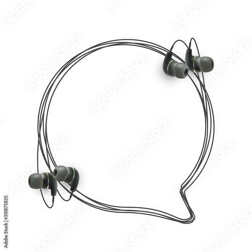 Innovative music quotation template in headphones quotes isolated on backdrop. Creative banner illustration with quote in a frame wire with Black quotes. speech bubble Template modern headset design.
