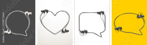 Innovative music quotation template speech bubble set in headphones quotes isolated on backdrop. Creative banner illustration set with quote frame wire with quotes headset modern design cloud remark
