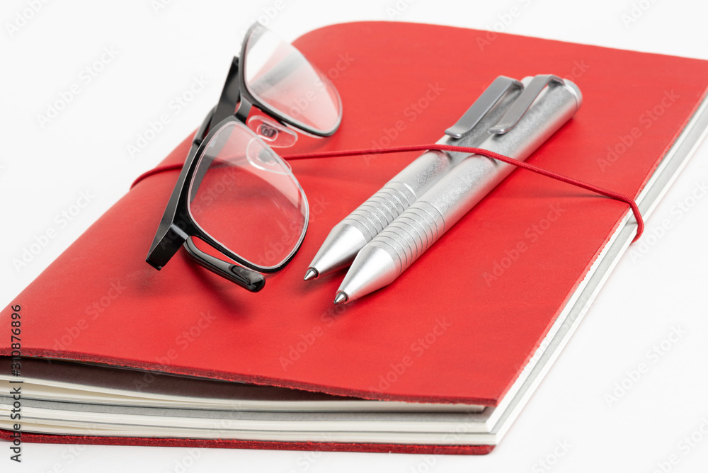 Red Leather Journal Cover With Pens And Glasses Red Leather Journal Cover With Pens And Glasses