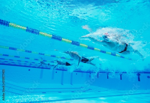 Underwater shot of four male athletes competing in swimming pool
