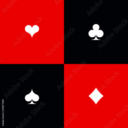 Set shape diamonds, clovers, hearts and spades Four Playing card suits icons template black and red color. High quality outline Playing card suit symbol shape pictogram for web design or mobile app