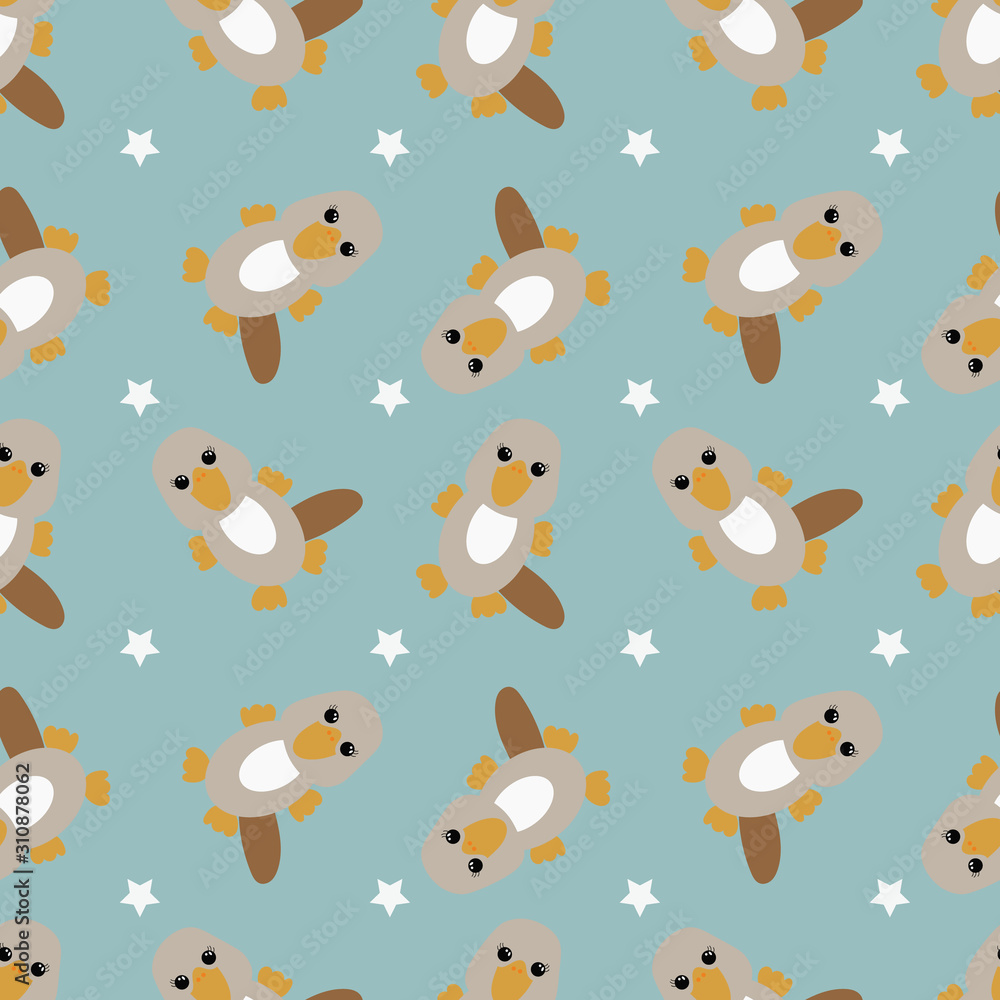 Seamless pattern with cartoon platypus. Vector illustration.