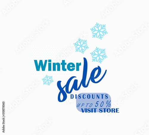 Stylish vector icon seasonal sale - winter discounts. Shopping day, online shopping. Vector illustration flat design with snowflakes, sale up to 50% off - visit the store