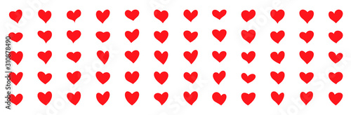 Red hearts Hand-drawn. Large set of 60 hearts of different shapes. Heart icon collection. Icons of hearts in a flat style. Vector graphics on a white style. photo
