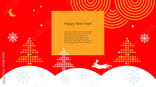 Template for Happy New Year greetings with winter forest, pixel Christmas trees, hare and snowdrifts in a flat business style