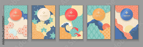 Overhead view of multiple different kinds of colorful Japanese style packaging templates next to each other over grey background. Vector illustration
