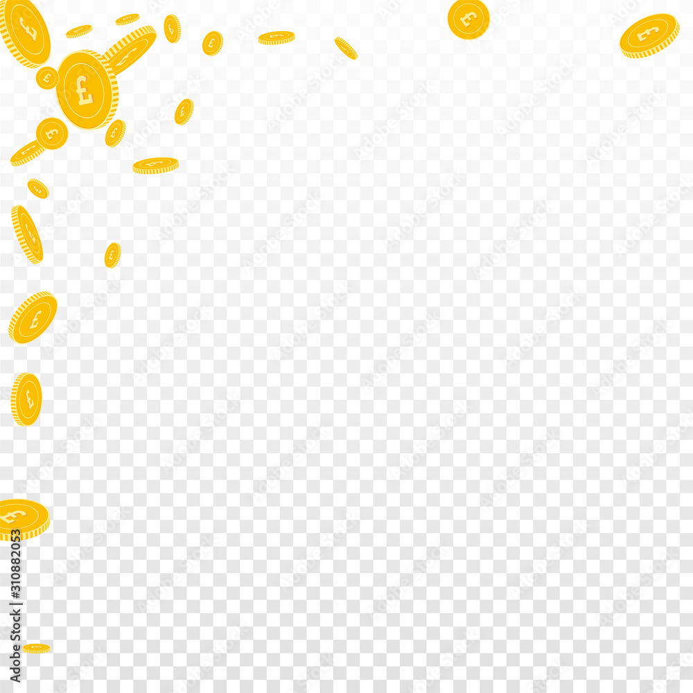 British pound coins falling. Scattered disorderly British pound coins falling. Scattered disorderly